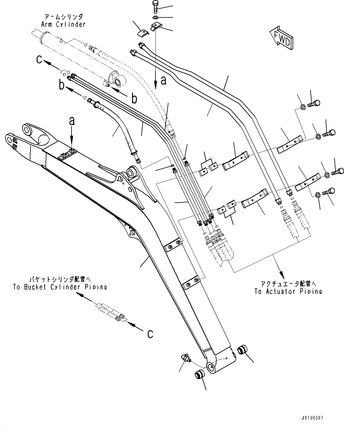 Komatsu parts book diagram for PC25MR-5 S/N 26001-UP: BOOM UNIT, BOOM AND PIPING (1950MM BOOM, 1-ATTACHMENT, ARM CRANE)(#26001-)
