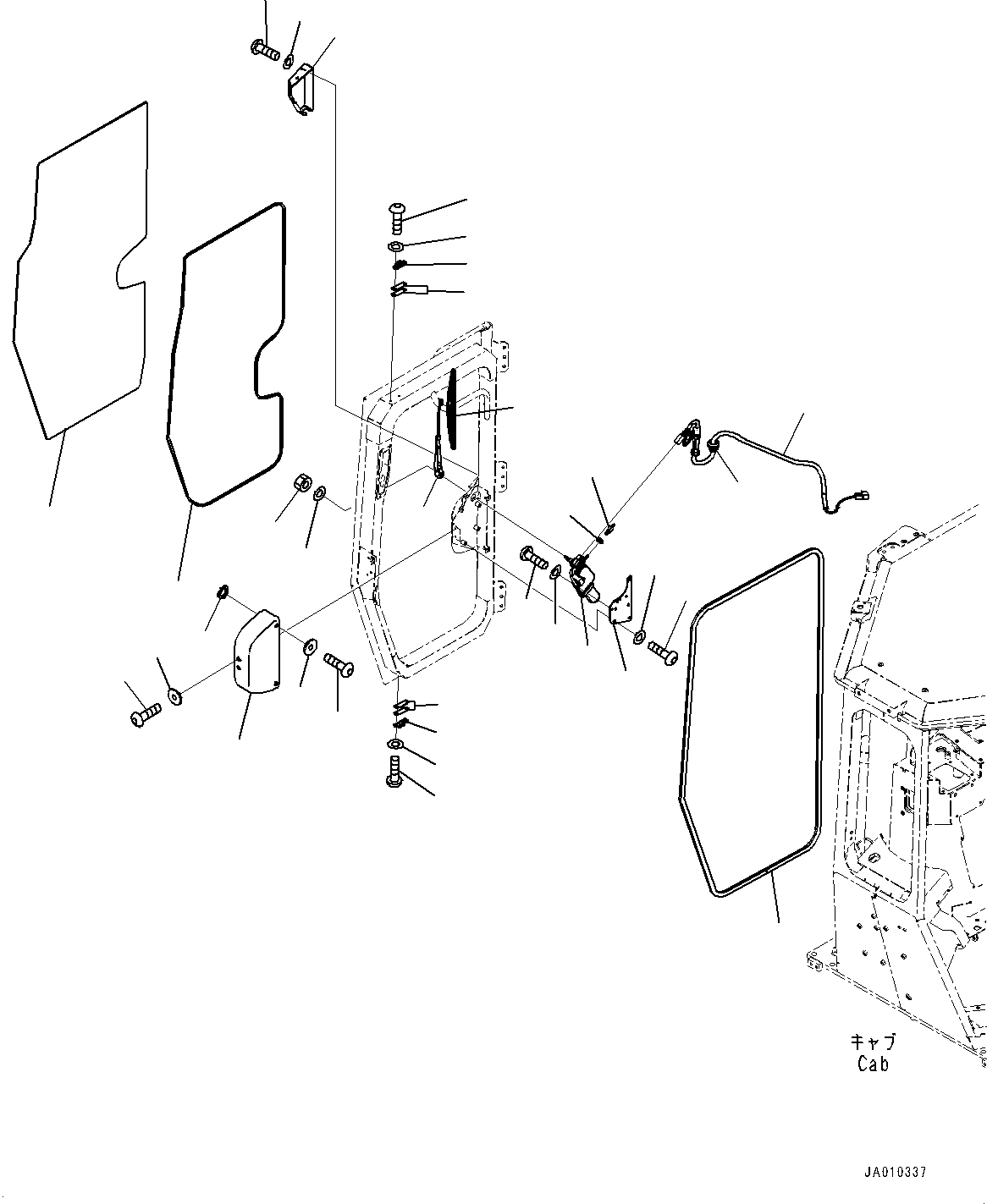 Komatsu parts book diagram for D39PXI-24 S/N 110001-UP: CAB, DOOR DAMPER, WINDOW AND WIPER, R.H.(#100001-)