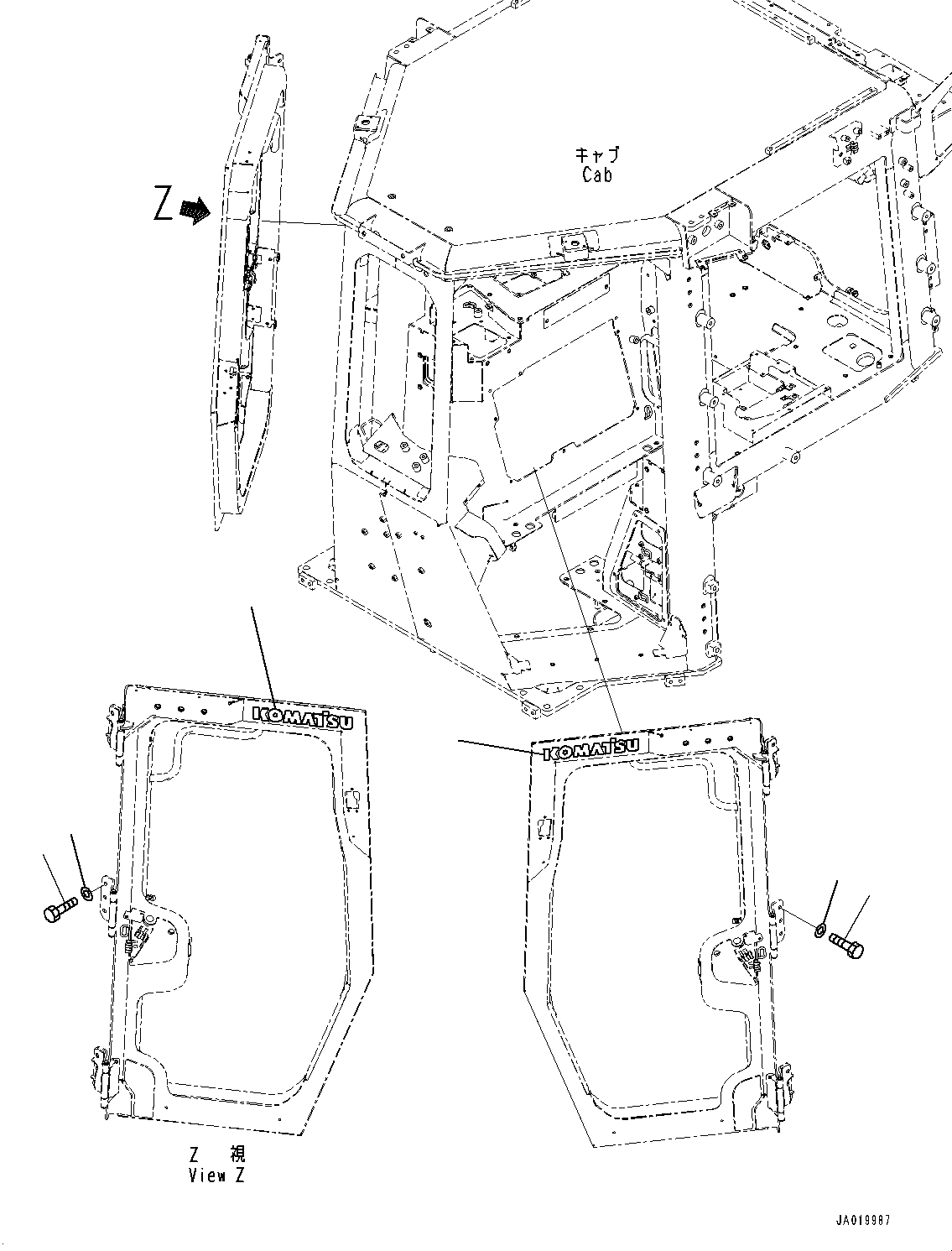 Komatsu parts book diagram for D39PXI-24 S/N 110001-UP: CAB, DOOR RELATED PARTS(#100001-)