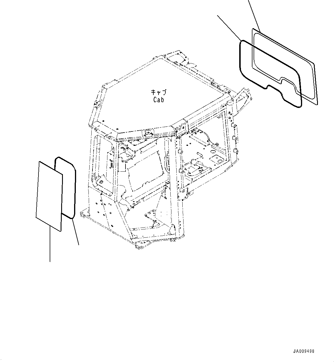 Komatsu parts book diagram for D39PXI-24 S/N 110001-UP: CAB, GLASS WINDOW, FRONT AND REAR(#100001-)