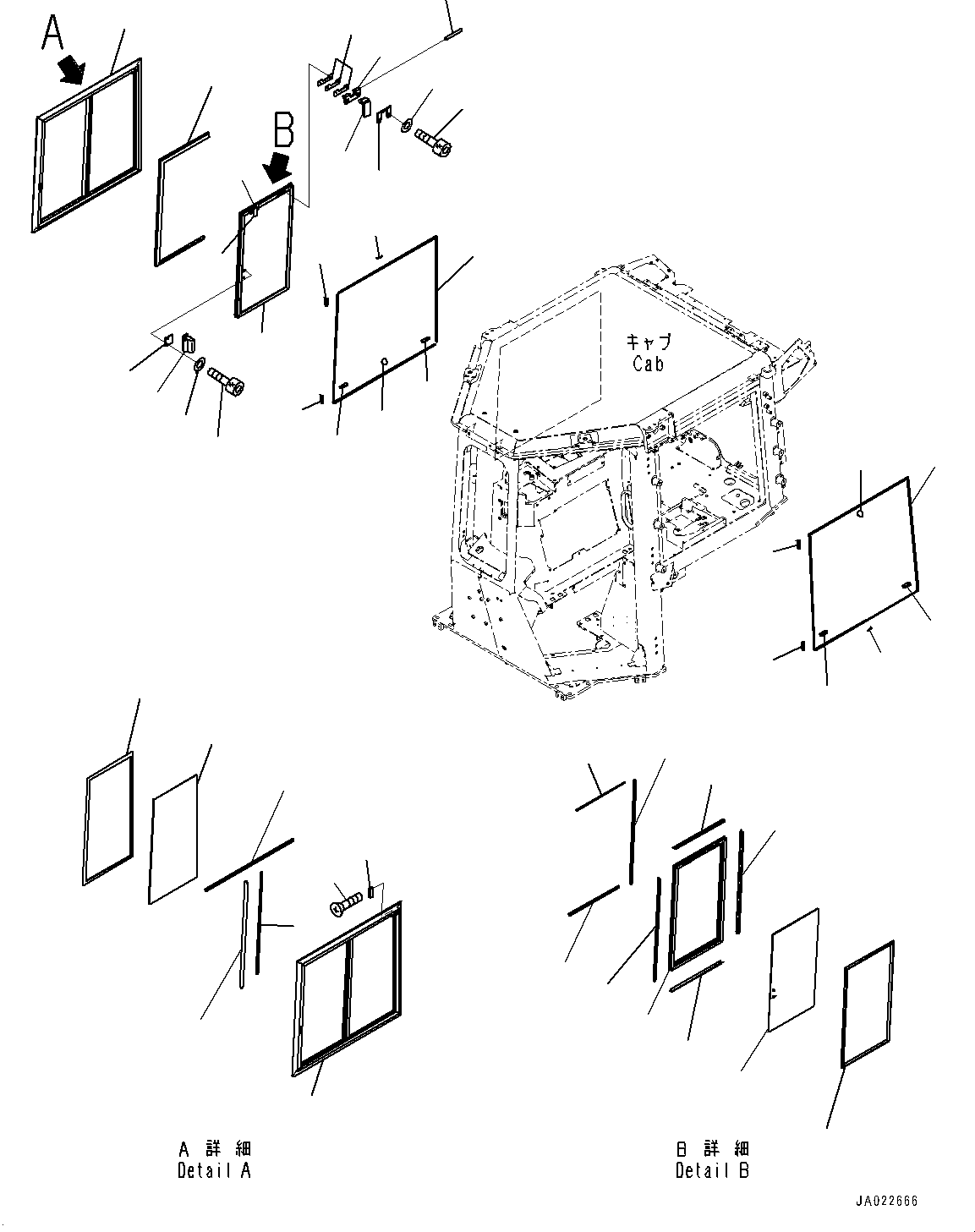 Komatsu parts book diagram for D39PXI-24 S/N 110001-UP: CAB, SASH TYPE GLASS WINDOW, R.H.(#100001-)