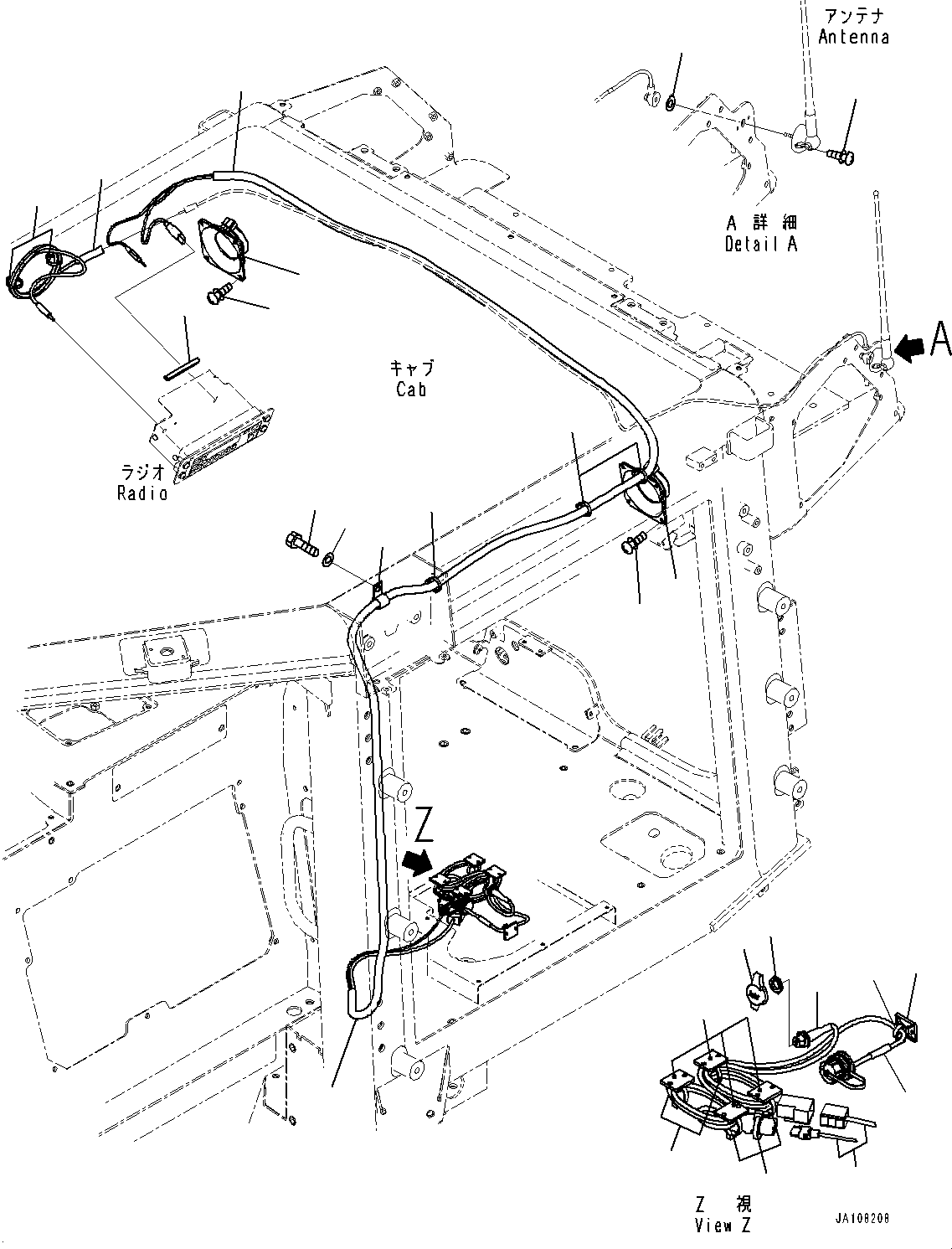 Komatsu parts book diagram for D39PXI-24 S/N 110001-UP: CAB, RUBBER ANTENNA MOUNTING AND SPEAKER(#100001-)