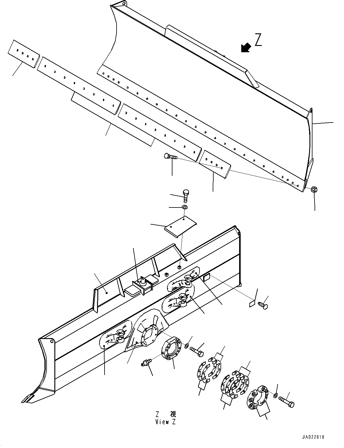 Komatsu parts book diagram for D39PXI-24 S/N 110001-UP: DOZER BLADE, (WITH POWER ANGLE POWER TILT DOZER, MECHANICAL-PITCH)(#95001-100758)