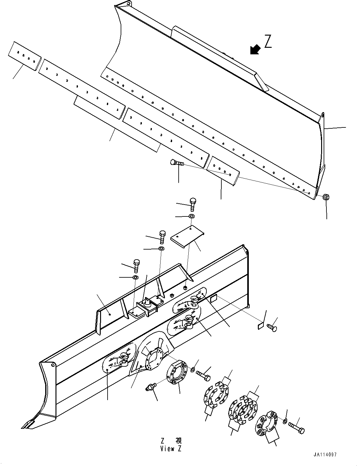 Komatsu parts book diagram for D39PXI-24 S/N 110001-UP: DOZER BLADE, (WITH POWER ANGLE POWER TILT DOZER, MECHANICAL-PITCH)(#100759-101298)