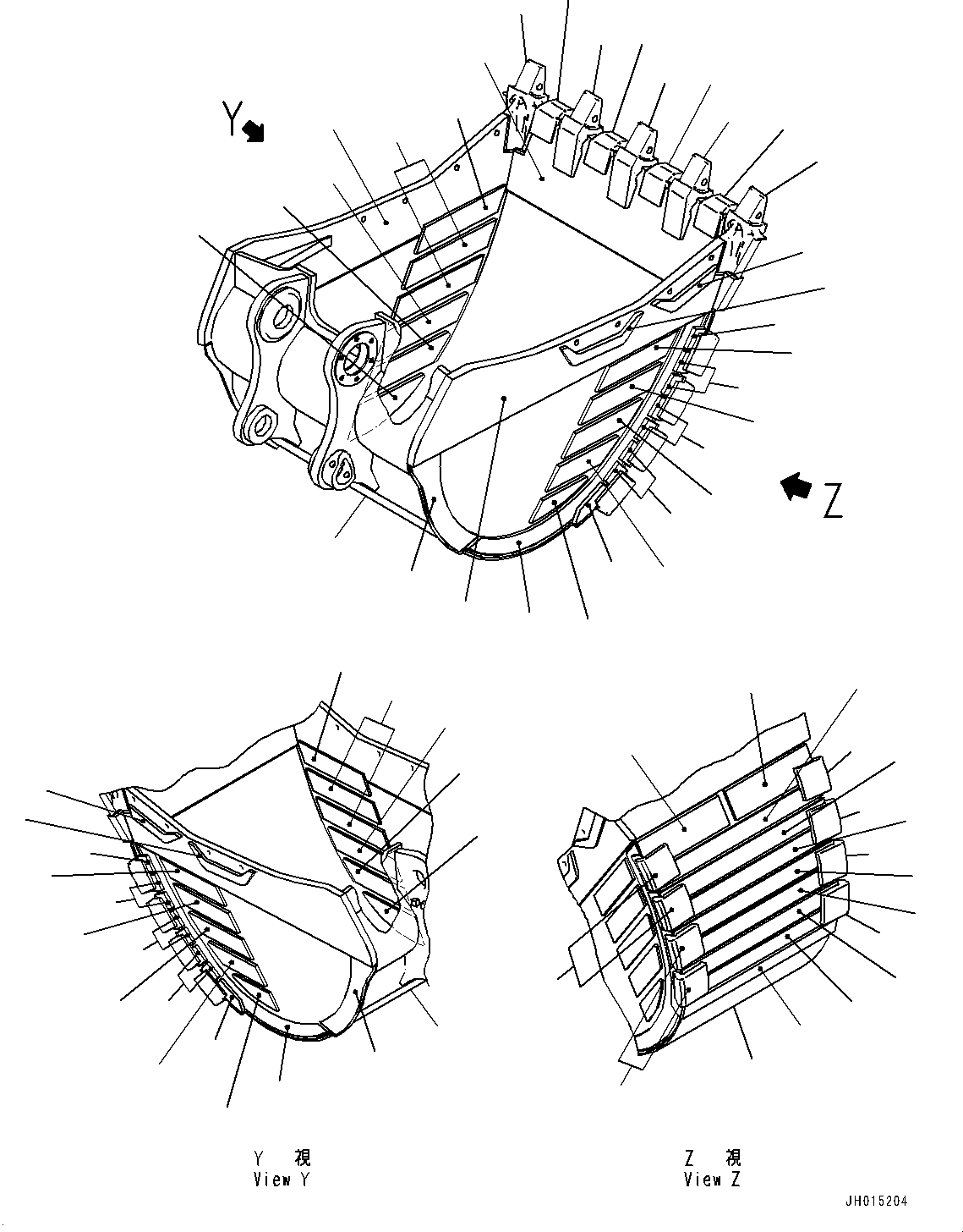 Komatsu parts book diagram for PC450LC-8R S/N 79001-UP: ME BUCKET, (2.80M3, 1405MM WIDTH, PAB TOOTH, THRUST ADJUSTMENT, SIDE SHROUD)(#75001-76920)