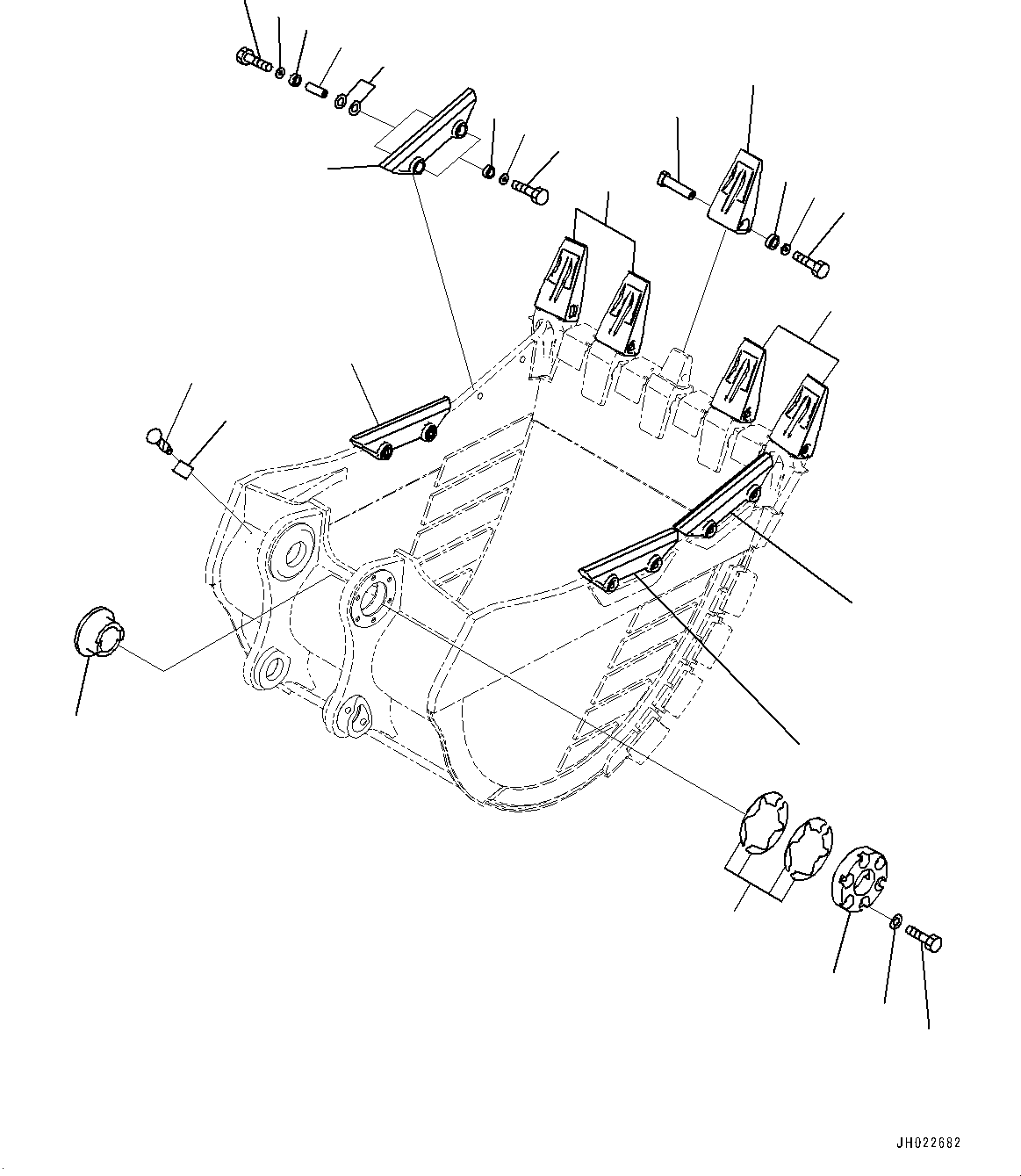 Komatsu parts book diagram for PC450LC-8R S/N 79001-UP: ME BUCKET, TOOTH AND SIDE SHROUD (2.80M3, 1405MM WIDTH, PAB TOOTH, THRUST ADJUSTMENT, SIDE SHROUD)(#75001-76539)