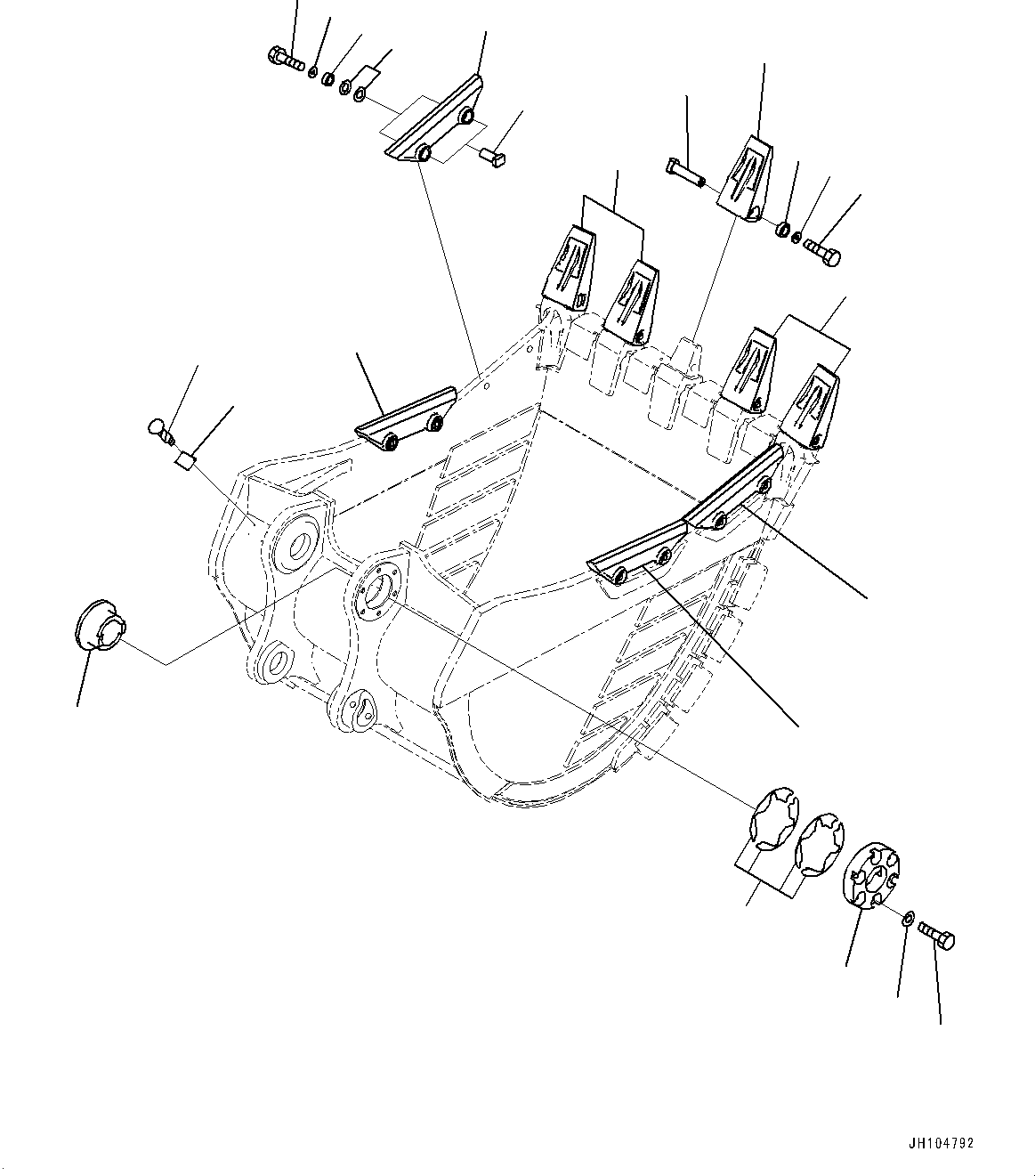 Komatsu parts book diagram for PC450LC-8R S/N 79001-UP: ME BUCKET, TOOTH AND SIDE SHROUD (2.80M3, 1405MM WIDTH, PAB TOOTH, THRUST ADJUSTMENT, SIDE SHROUD)(#76540-)