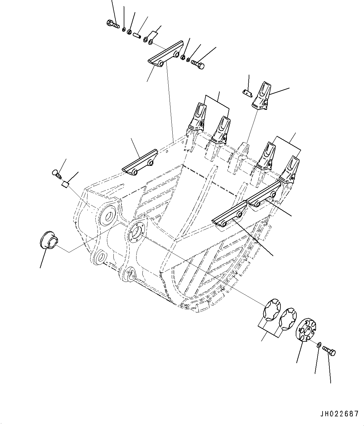 Komatsu parts book diagram for PC450LC-8R S/N 79001-UP: ME BUCKET, TOOTH AND SIDE SHROUD (2.80M3, 1525MM WIDTH, KMAX2 TOOTH, THRUST ADJUSTMENT, SIDE SHROUD)(#75001-76539)