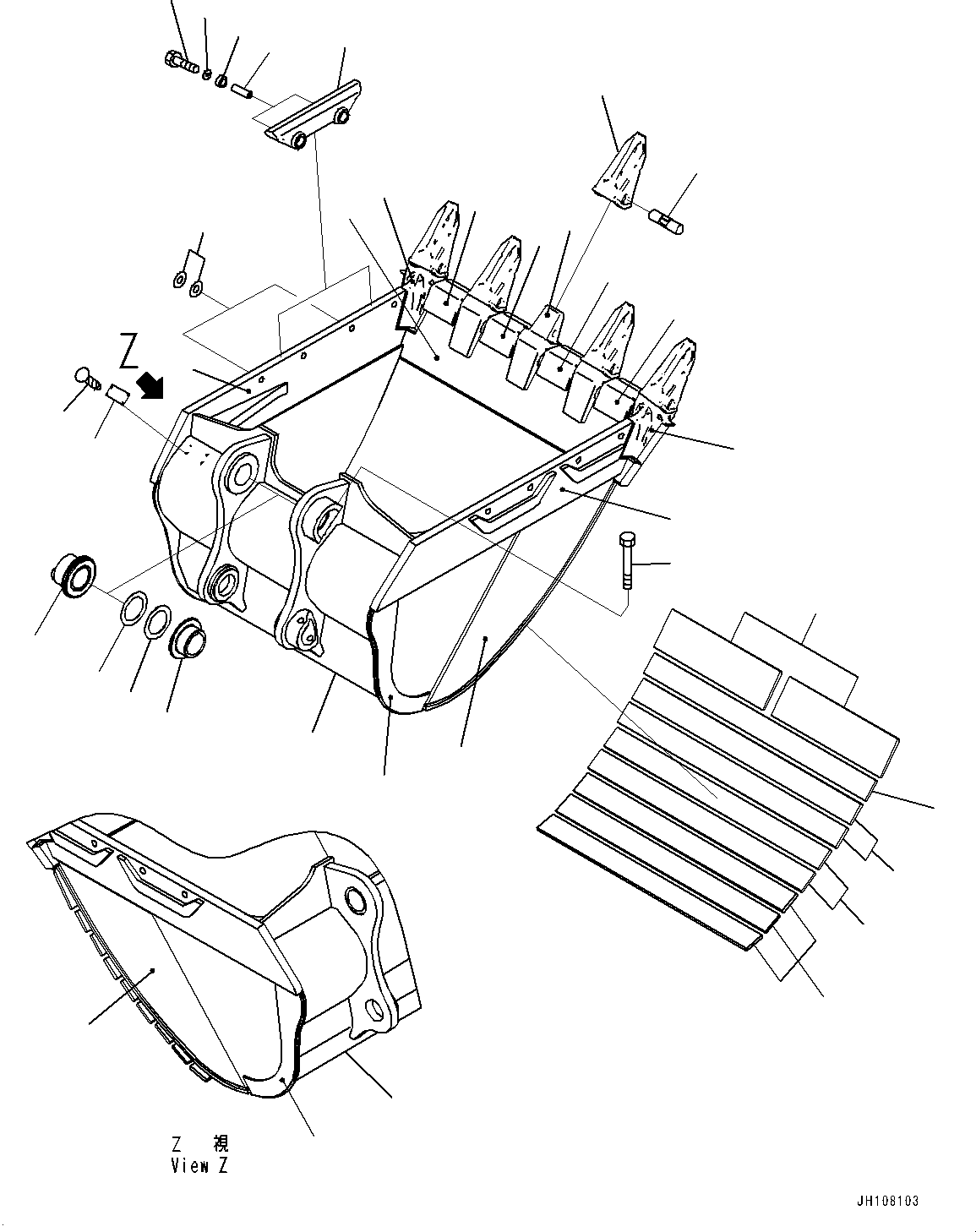 Komatsu parts book diagram for PC450LC-8R S/N 79001-UP: ME BUCKET, (1.90M3, 1630MM WIDTH, HORIZONTAL PIN TYPE, SIDE SHROUD)(#75001-)
