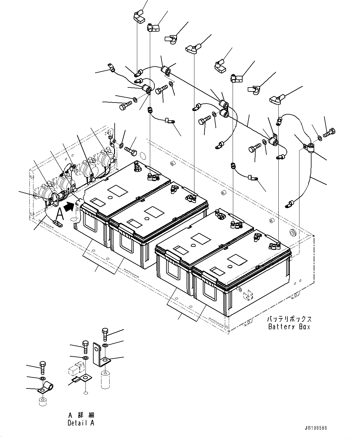 Komatsu parts book diagram for HD785-7 S/N 37001-UP: BATTERY BOX AND REAR HOOD, BATTERY(#30001-)