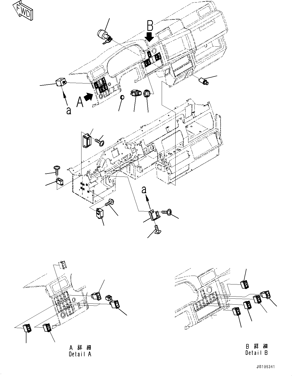Komatsu parts book diagram for HD785-7 S/N 37001-UP: CAB, DASHBOARD, MONITOR PANEL AND SWITCH(#37001-)