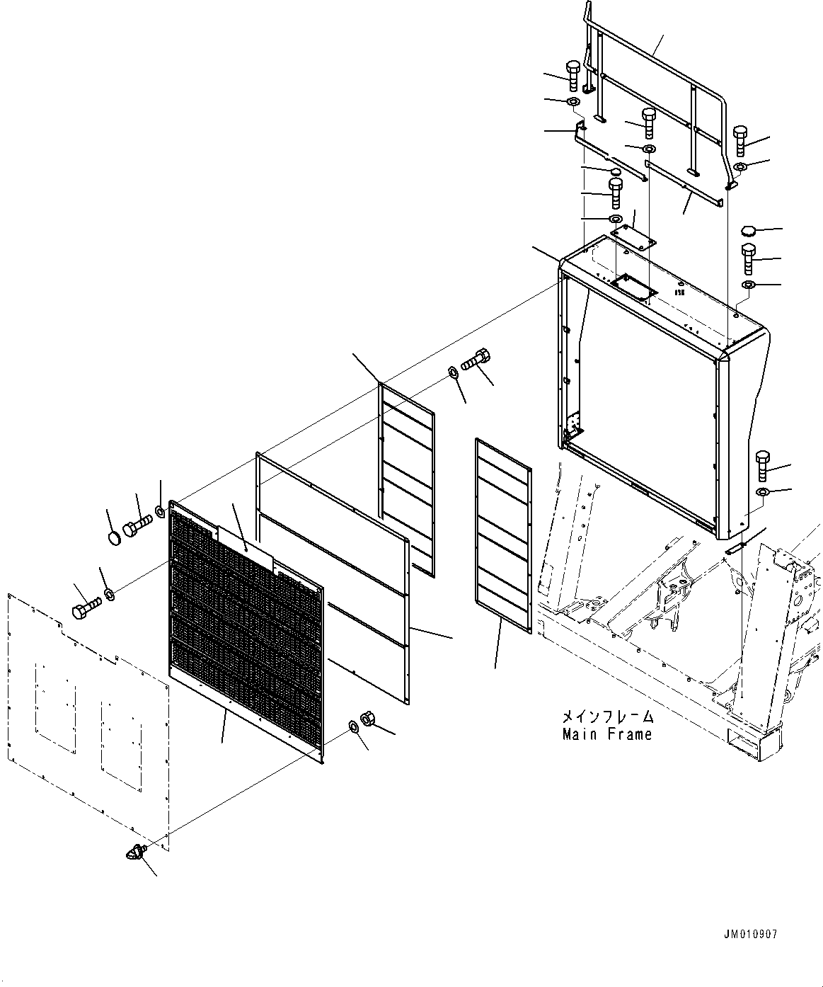 Komatsu parts book diagram for HD785-7 S/N 37001-UP: RADIATOR GUARD, GUARD (WITH BATTERY DISCONNECT SWITCH, RADIATOR SHUTTER, FOR EXTREME HOT AREA SPECIFICATION, SANDY AND DUSTY TER