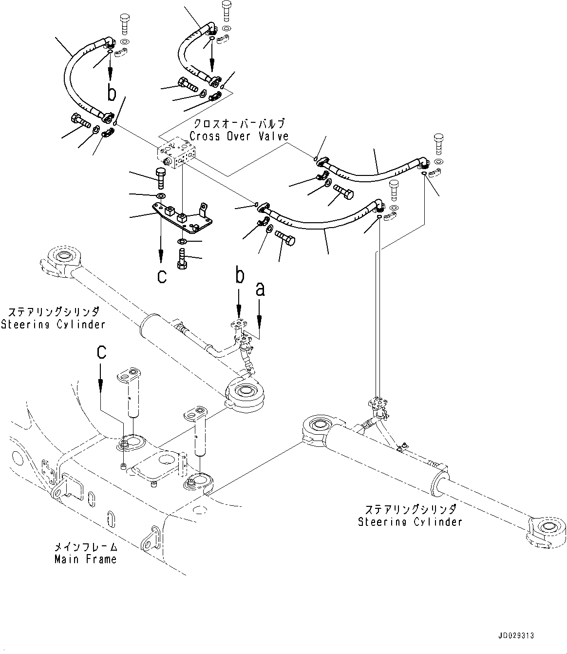 Komatsu parts book diagram for HD785-7 S/N 37001-UP (-40 deg C Spec.): STEERING AND HOIST HYDRAULIC PIPING, CROSS OVER VALVE RELATED PARTS(#30001-)