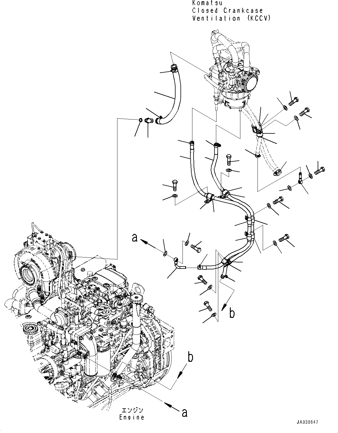 Komatsu parts book diagram for D61PX-24 S/N 48001-UP: KOMATSU CLOSED CRANKCASE VENTILATION (KCCV) PIPING, PIPING AND MOUNTING(#40001-)