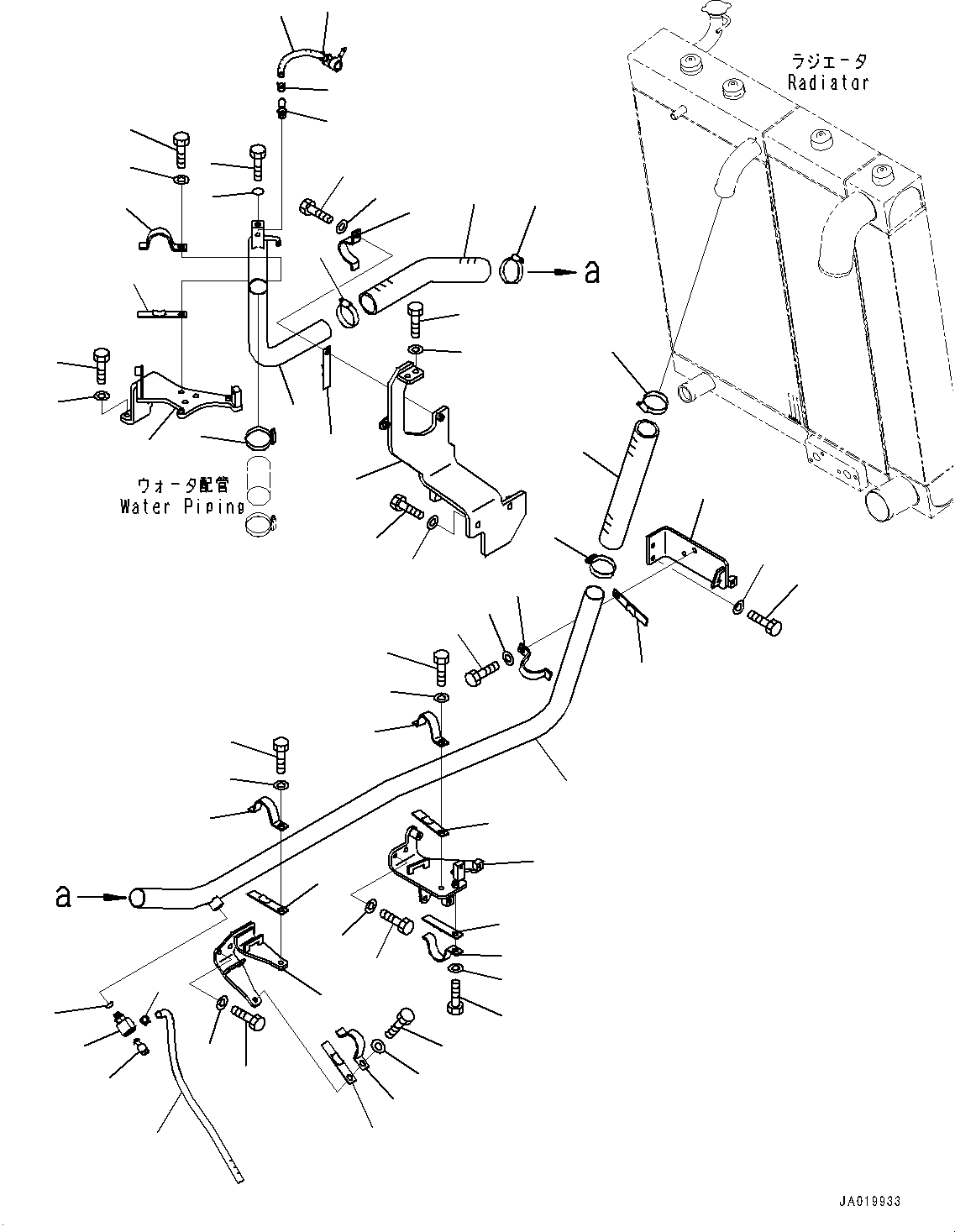 Komatsu parts book diagram for D61PX-24 S/N 48001-UP: COOLING PIPING, RADIATOR PIPING (1/2)(#40001-46461)