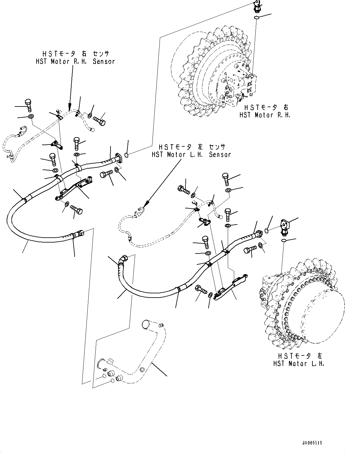 Komatsu parts book diagram for D61PX-24 S/N 48001-UP: DRAIN PIPING, MOTOR DRAIN (1/3)(#40001-46684)