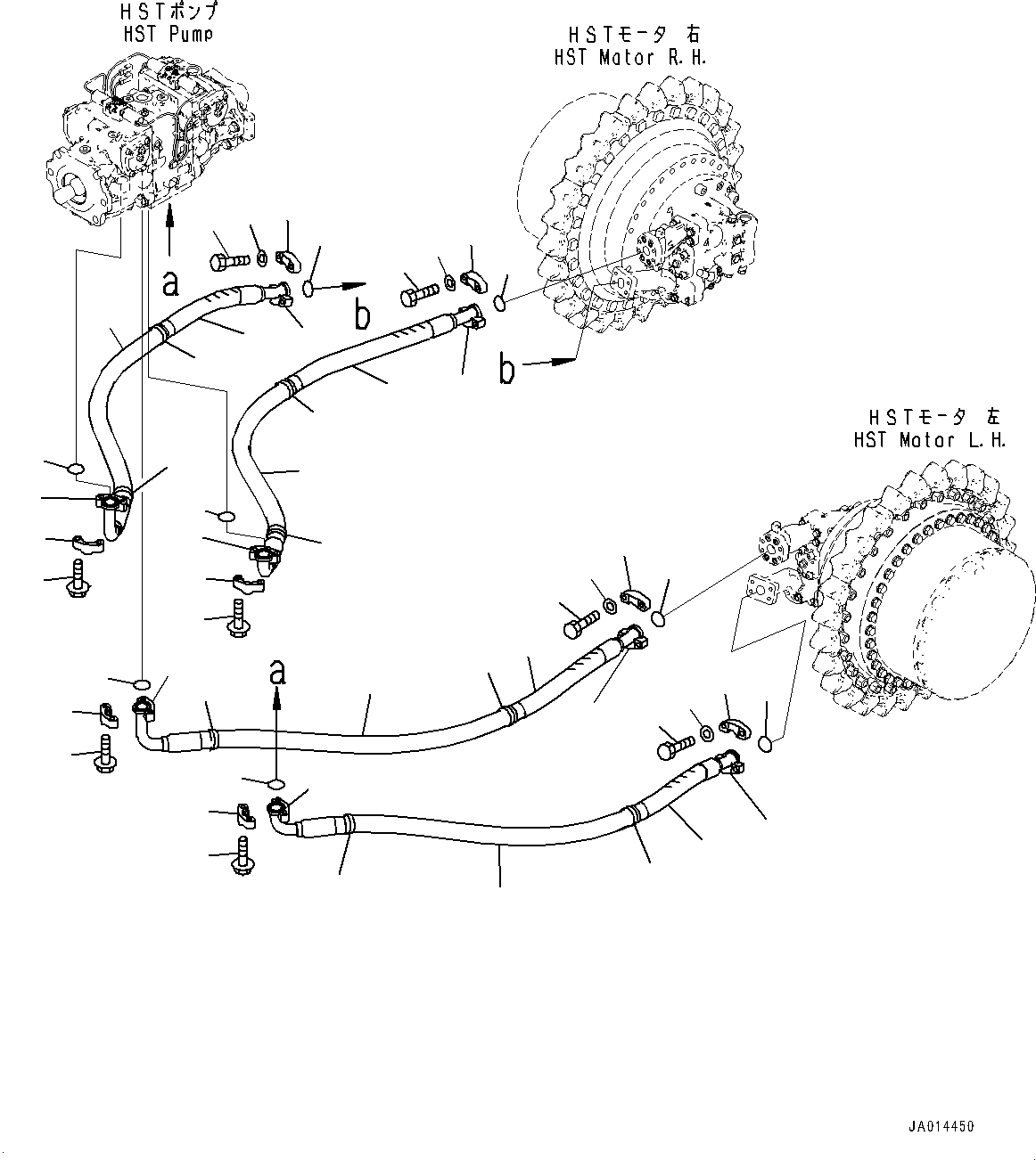 Komatsu parts book diagram for D61PX-24 S/N 48001-UP: HYDROSTATIC TRANSMISSION CONTROL PIPING, TRAVEL MOTOR PIPING(#40001-46777)