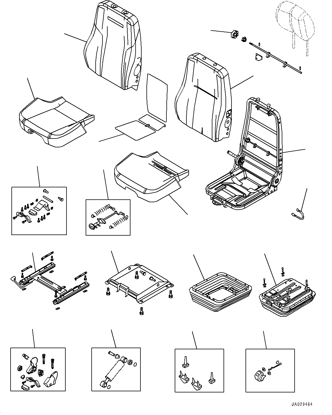 Komatsu parts book diagram for D61PX-24 S/N 48001-UP: OPERATOR'S SEAT, INNER PARTS (MECHANICAL SUSPENSION TYPE, FABRIC, TILT, HI-BACK TYPE, WITH HEATER)(#40405-)