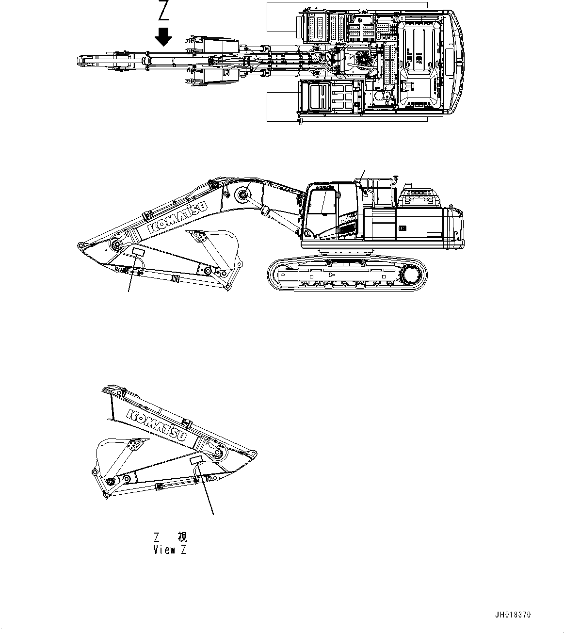 Komatsu parts book diagram for PC360LCI-11 S/N 94001-UP (For KAL): CAUTION PLATES, KEEP OFF WORKING RANGES, (#90156-)