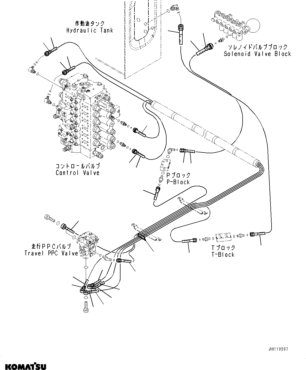 Komatsu parts book diagram for PC290LC-8 S/N 32001-UP: CAB, FLOOR, PPC PIPING FOR TRAVEL VALVE(#32001-)