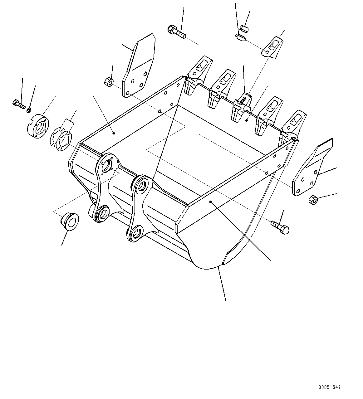 Komatsu parts book diagram for PC290LC-8 S/N 32001-UP: BUCKET, (1.14M3, 1300MM WIDTH, VERTICAL PIN TYPE, SIDE CUTTER)(#30117-)