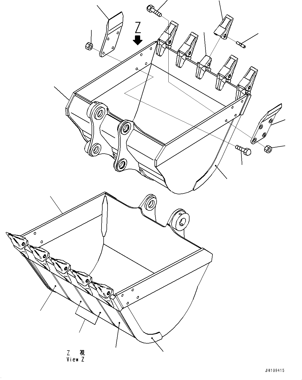 Komatsu parts book diagram for PC290LC-8 S/N 32001-UP: ME BUCKET, BUCKET (1.40M3, 1391MM WIDTH, VERTICAL PIN TYPE, SIDE CUTTER)(#30776-)