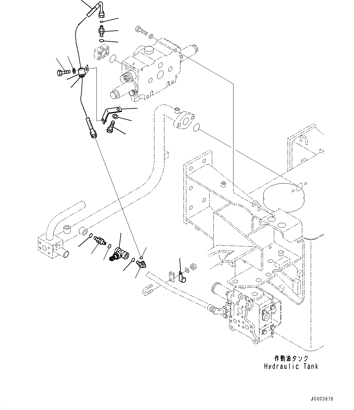 Komatsu parts book diagram for HD325-7R S/N 12001-UP: HYDRAULIC TANK, EMERGENCY BODY DOWN VALVE PIPING(#11034-)