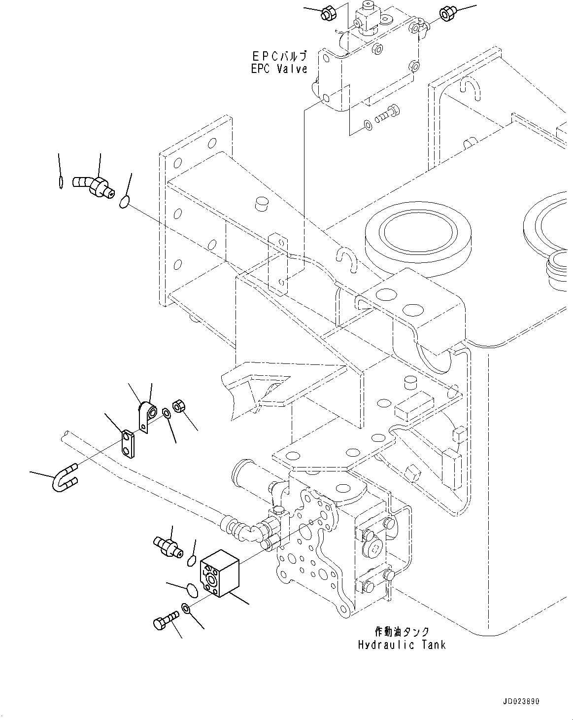 Komatsu parts book diagram for HD325-7R S/N 12001-UP: HYDRAULIC TANK, EMERGENCY STEERING PIPING(#11034-)