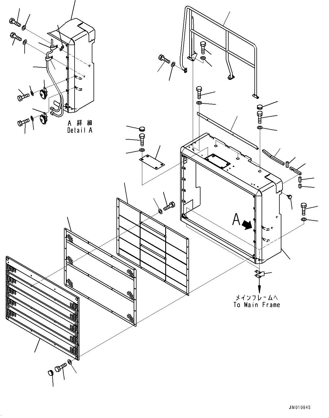 Komatsu parts book diagram for HD325-7R S/N 12001-UP: RADIATOR GUARD, (WITH LADDER, INCLINED TYPE, FOR HOT AND SANDY AREA SPECIFICATION)(#11034-)