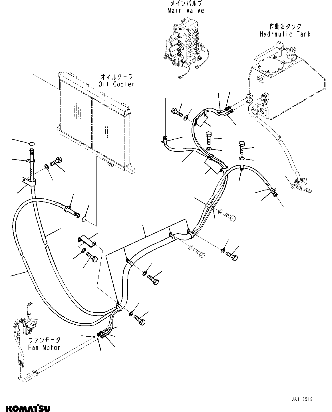 Komatsu parts book diagram for D85MS-15 S/N 2101-UP: HYDRAULIC OIL COOLER PIPING, RETURN PIPING, OIL COOLER(#1006-2002)