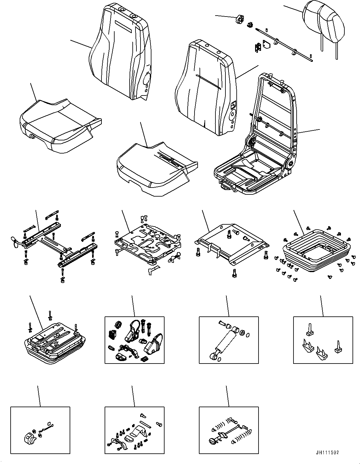 Komatsu parts book diagram for D85MS-15 S/N 2101-UP: OPERATOR'S SEAT, INNER PARTS (MECHANICAL SUSPENSION TYPE, FABRIC, TURN TYPE, TILT)(#2001-)