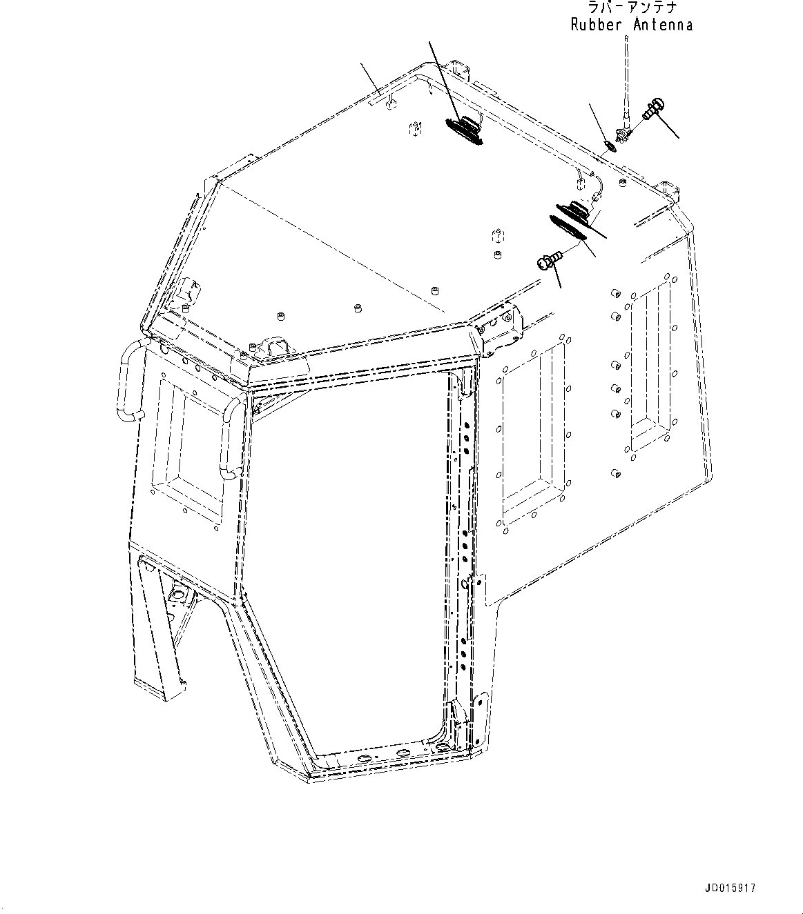 Komatsu parts book diagram for D85MS-15 S/N 2101-UP: CAB, RADIO WIRING HARNESS AND WINDOW WASHER PIPING AND WORKING LAMP(#1006-)