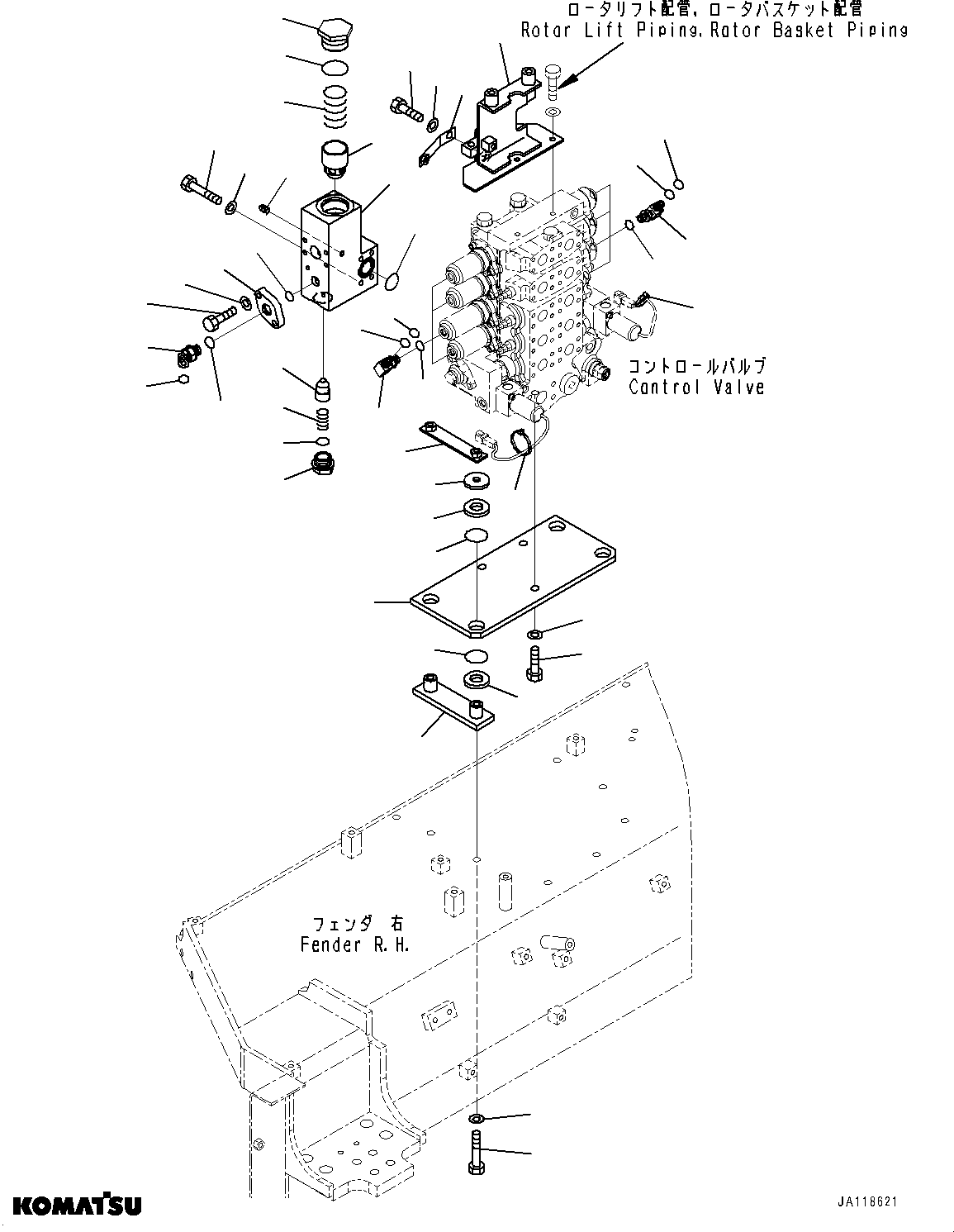 Komatsu parts book diagram for D85MS-15 S/N 2101-UP: FENDER, CONTROL VALVE (10/10)(#1006-)