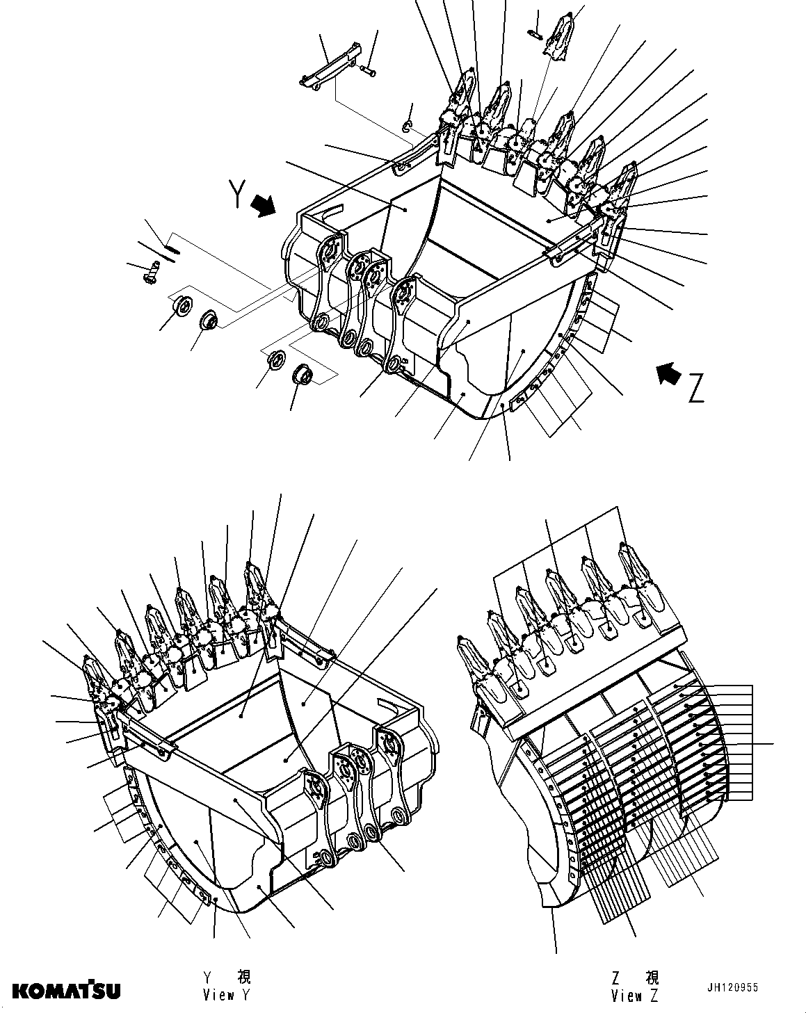 Komatsu parts book diagram for PC2000-11R S/N 31001-UP: BUCKET, BUCKET AND TOOTH (14.0M3, 2790MM WIDTH, KPRIME TOOTH, SIDE SHROUD)(#31001-)