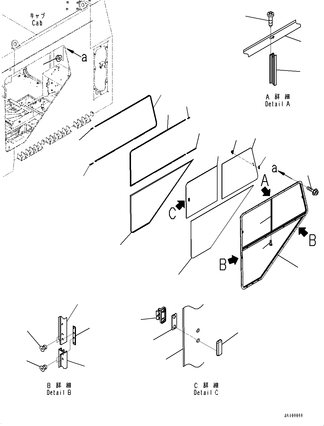 Komatsu parts book diagram for PC2000-11E0 S/N 31001-UP: CAB, WINDOW SASH(#31001-)