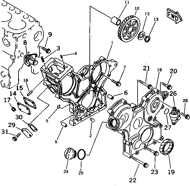 Komatsu parts book diagram for 3D66-1KB S/N 00613-UP: GEAR CASE AND FRONT COVER