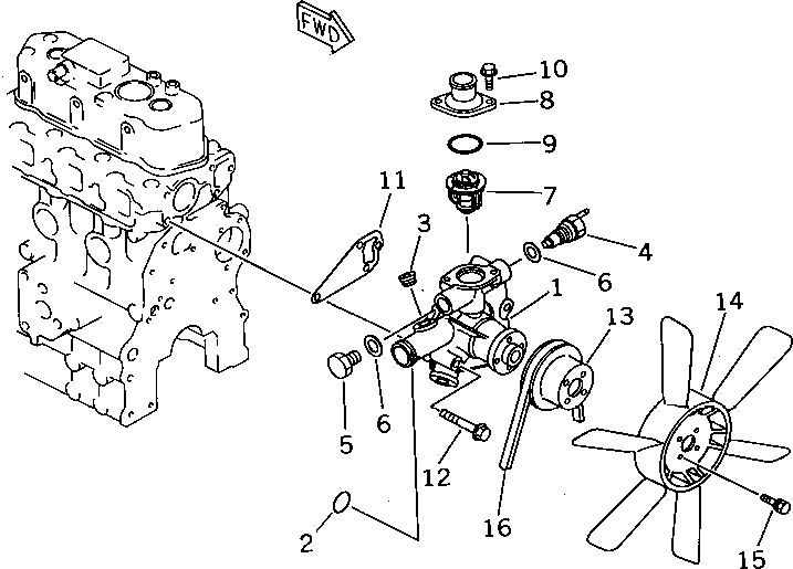 Komatsu parts book diagram for 3D66-1KB S/N 00613-UP: WATER PUMP AND COOLING FAN