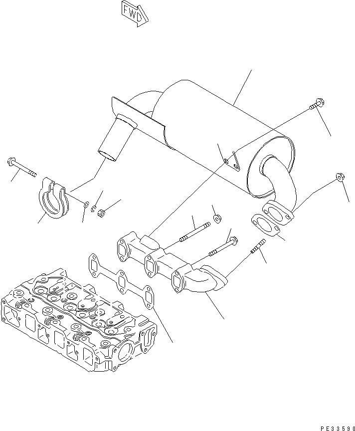 Komatsu parts book diagram for 3D68E-3B S/N 00101-UP: EXHAUST MANIFOLD AND MUFFLER