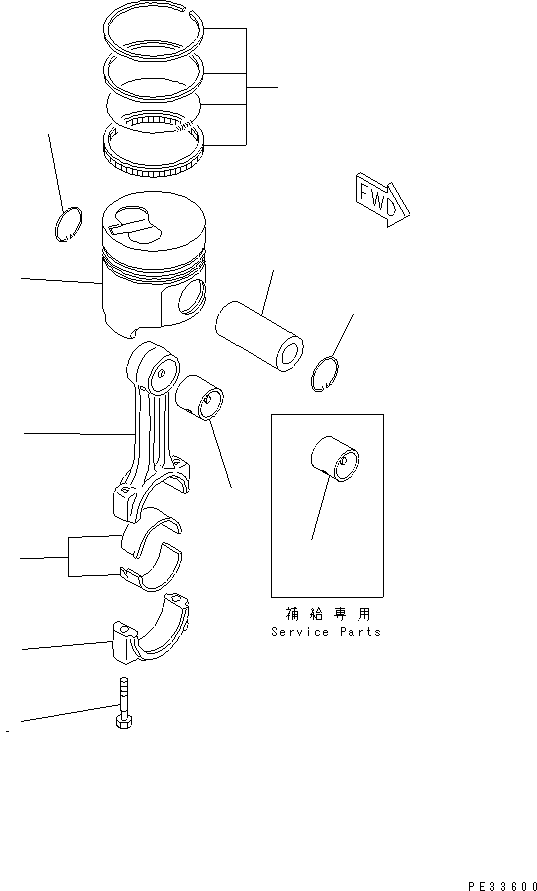 Komatsu parts book diagram for 3D68E-3B S/N 00101-UP: PISTON AND CONNECTING ROD