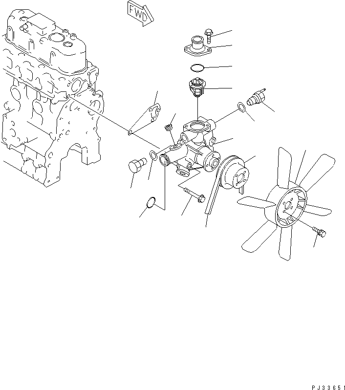 Komatsu parts book diagram for 3D68E-3B S/N 00101-UP: WATER PUMP AND COOLING FAN