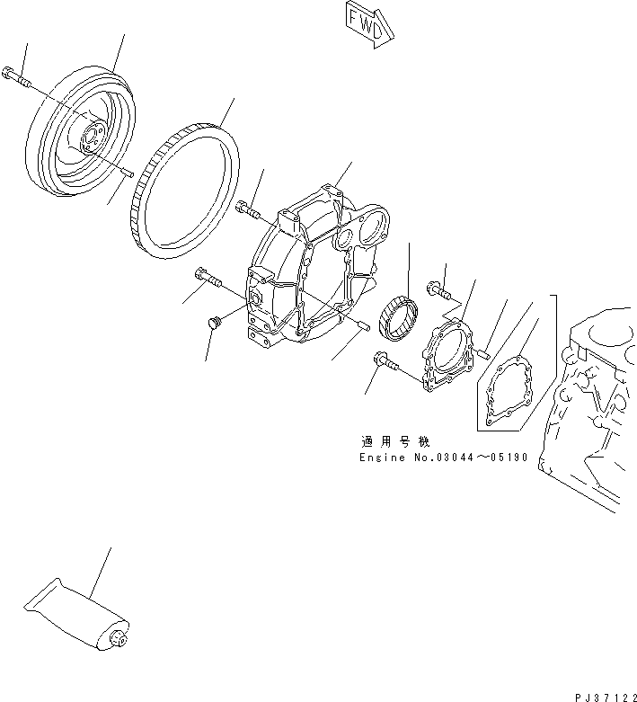 Komatsu parts book diagram for 3D75-2D S/N 03044-UP: FLYWHEEL AND FLYWHEEL HOUSING