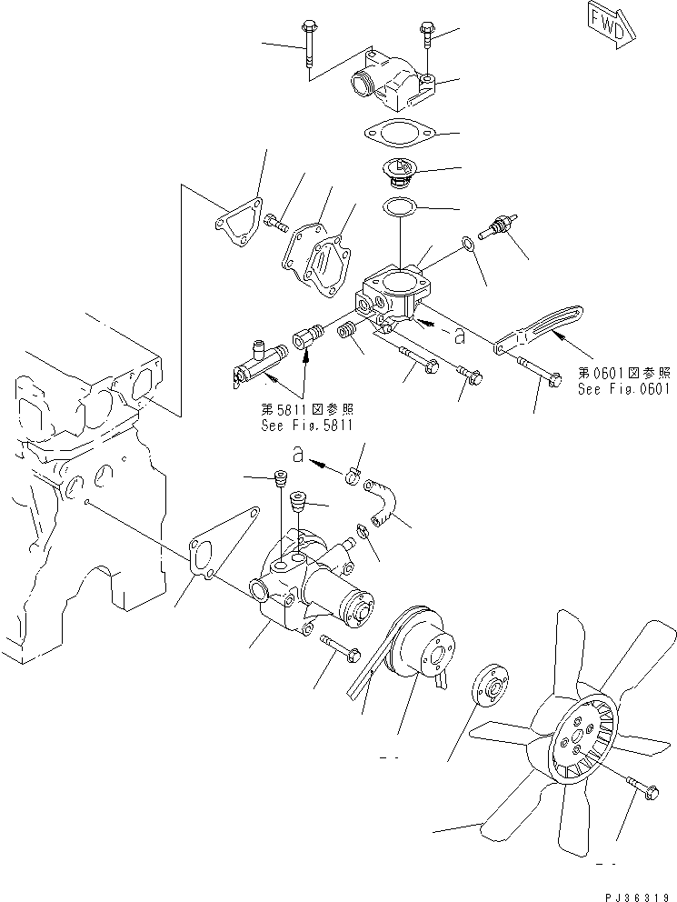 Komatsu parts book diagram for 3D78-1D S/N 01589-UP: WATER PUMP AND COOLING FAN (WITH CAR HEATER)(#01589-06462)
