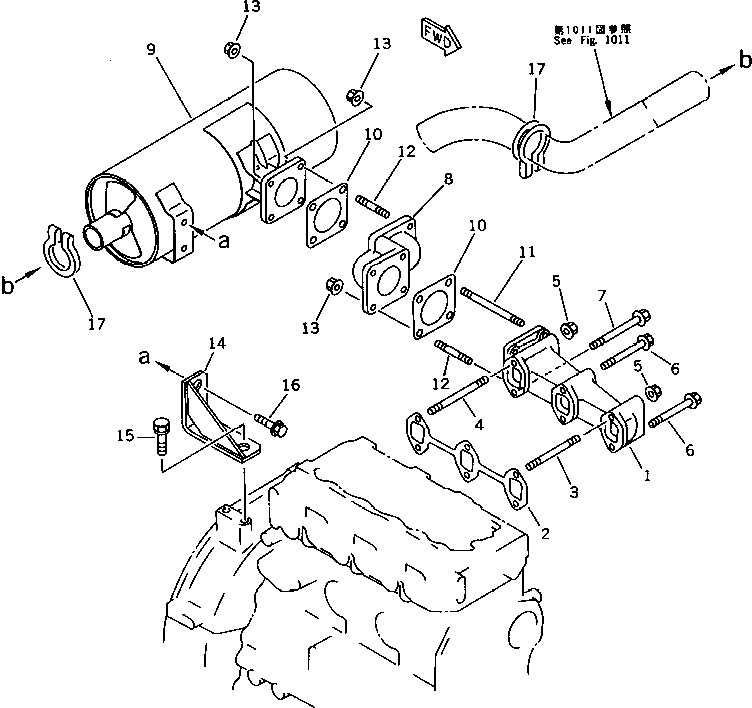 Komatsu parts book diagram for 3D78N-1A S/N 00101-UP: EXHAUST MANIFOLD AND MUFFLER