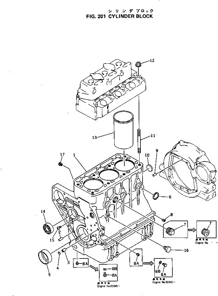 Komatsu parts book diagram for 3D84-1A S/N 01001-UP: CYLINDER BLOCK