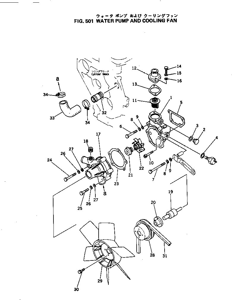 Komatsu parts book diagram for 3D84-1A S/N 01001-UP: WATER PUMP AND COOLING FAN