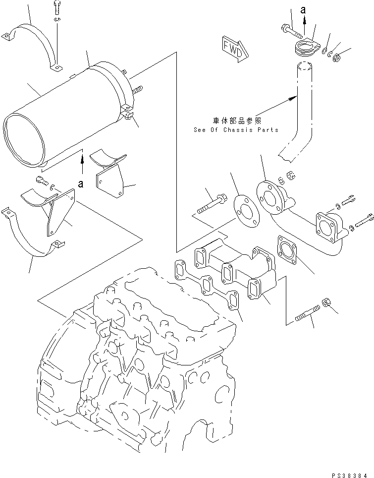 Komatsu parts book diagram for 3D84-2GA S/N 00292-UP: EXHAUST MANIFOLD AND MUFFLER(#18428-)