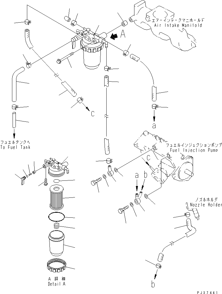 Komatsu parts book diagram for 3D84N-2AA S/N 3845-UP: FUEL FILTER AND PIPING