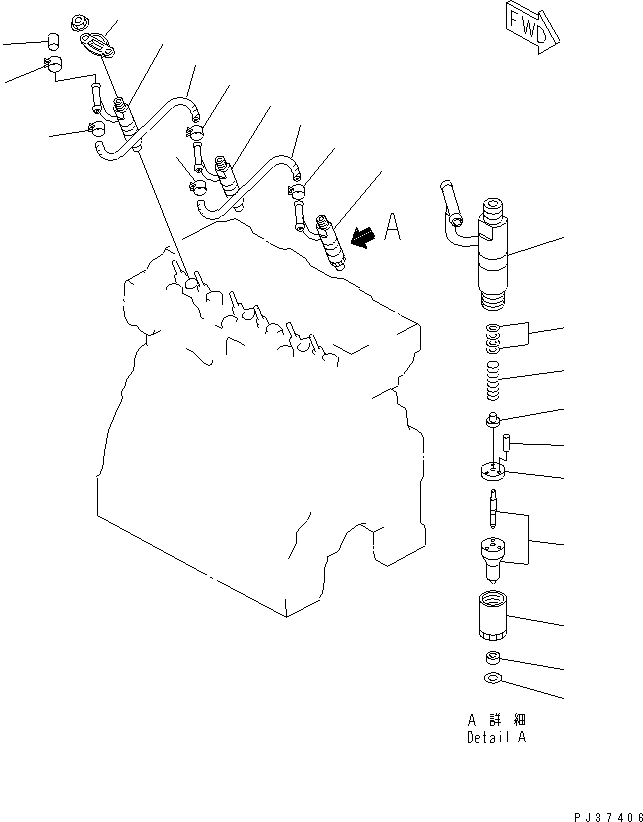 Komatsu parts book diagram for 3D84N-2AA S/N 3845-UP: FUEL NOZZLE AND SPILL HOSE