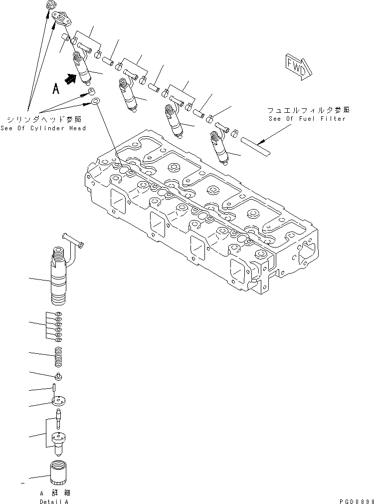 Komatsu parts book diagram for 4D94E-1A S/N 00101-UP: FUEL NOZZLE AND SPILL HOSE