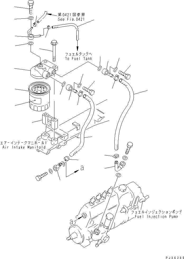 Komatsu parts book diagram for 4D95L-1BB S/N 49965-UP: FUEL FILTER AND PIPING